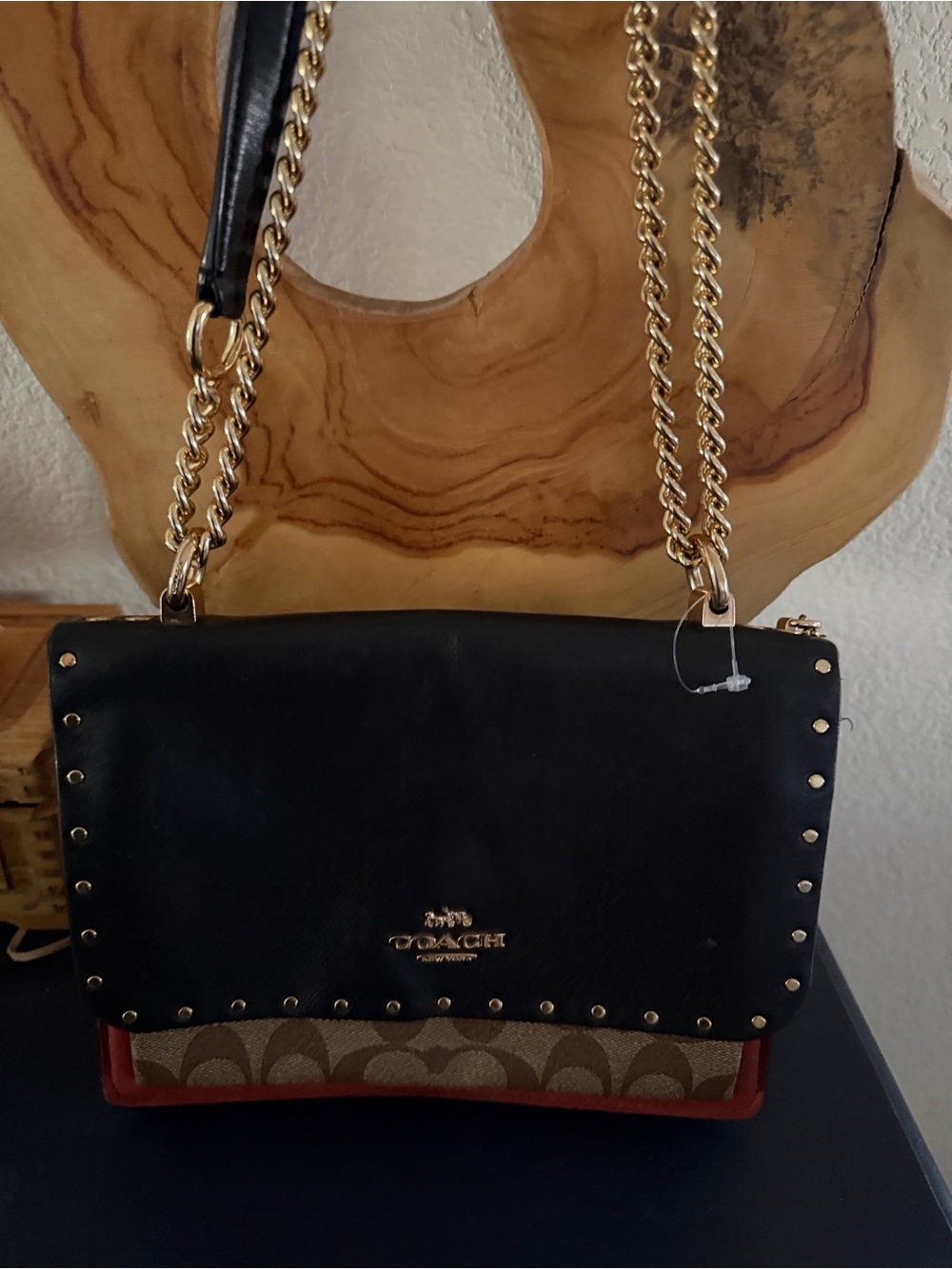 Coach Black Leather & Signature Canvas Crossbody with Red Trim and Gold Chain